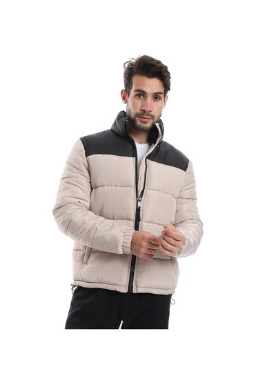 Buy Quilted Pattern Long Sleeves Puffer Jacket - Black & Beige in Egypt