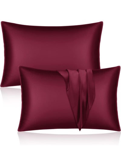 Buy Satin Silk Pillow Case Cover for Hair and Skin, Soft Breathable Smooth Both Sided Silk Pillow Cover Pair (Queen - 50 x 75cm - 2pcs - Burgundy) in UAE