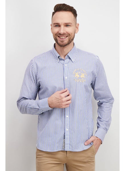 Buy Men Regular Fit Long Sleeve Stripped Casual Shirt, White and Blue in Saudi Arabia