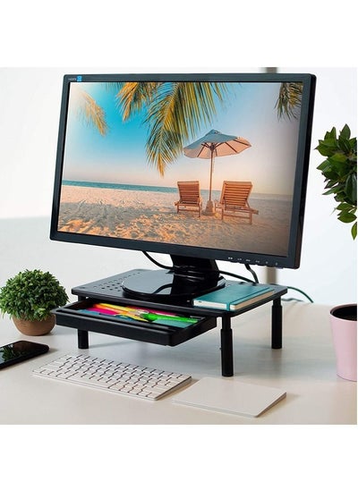 اشتري Monitor Stand for Computer, Laptop, Printer and All Flat Screen Display with Vented Metal Platform and 3 Height Adjustable Underneath Storage, One Pack With Single Drawer (Black) في الامارات