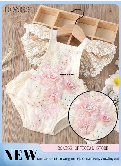 اشتري Female Infant Lace Flying Sleeve Bodysuit Infant Mesh Back Strap One-Piece Crawling Suit Embroidered Beads Decorative Crotch Button Design For Easy On And Off في الامارات