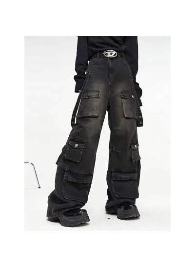 Buy 2024 Streetwear Multi-Pocket Retro Wide-Leg Jeans for Men Black in Saudi Arabia