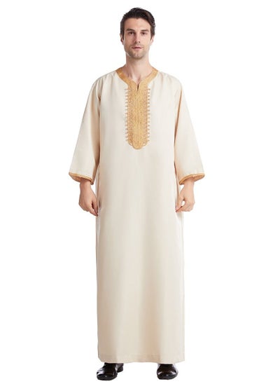 اشتري Men's Casual Full Length Embroidery Abaya Robe Islamic Arabic Kaftan Beige/Gold في السعودية