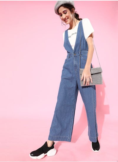 Buy Deep V Neck Denim Straight Leg Jumpsuit in Saudi Arabia