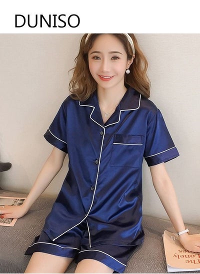 اشتري Women's Soft Pajamas Set Silky Sleepwear 2 Piece Short sleeve Summer Pajama Set Sleepwear Loungewear Button-Down Pajama Sets L في الامارات