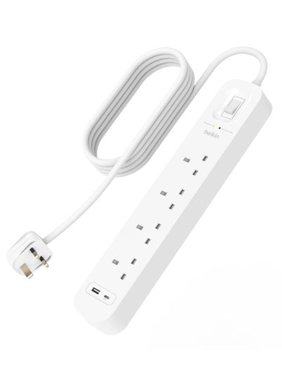 Buy Belkin 4-Outlet Surge Protector Power Strip, Wall-Mountable with 4 AC Outlets, 2M Power Cord, & Green Indicator Light in Saudi Arabia