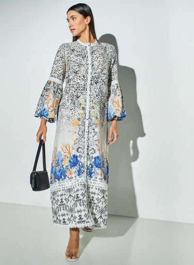 Buy 2Xtremz All-Over Print Dress with Band Collar and Bell Sleeves in Saudi Arabia