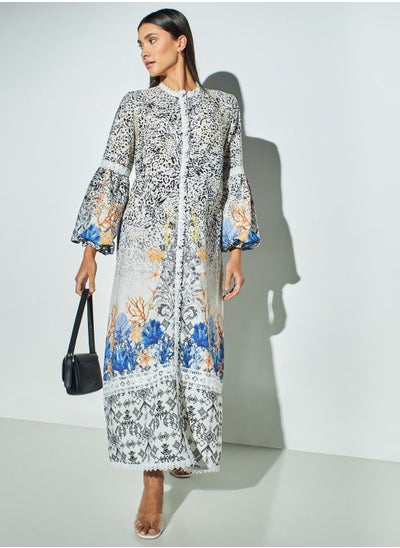 Buy 2Xtremz All-Over Print Dress with Band Collar and Bell Sleeves in Saudi Arabia