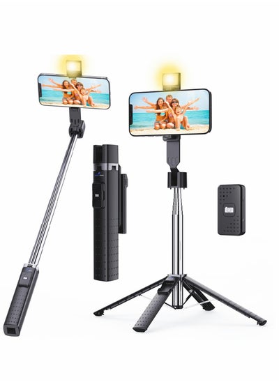 اشتري Selfie Stick, with Fill Light Phone Clip Tripod Quadrupod Wireless Bluetooth Remote Control Selfie Stick, Stainless Steel Expandable Compatible with All Mobile Phones (black) في السعودية