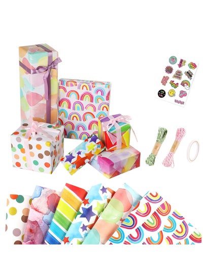 Buy SINCHER 50 x 70 CM Rainbow Gift Wrap Set, 6 sets of colourful wrapping paper with string and stickers for birthdays, graduation ceremonies and other gift wrap in UAE