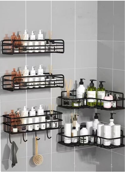 Buy 5-Piece Bathroom Rack Shower Shampoo Organizer Wall Mounted Storage Rack And Hooks Black in UAE