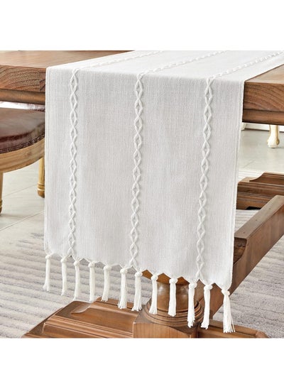 اشتري Rustic Linen Tablecloth Farmhouse Style Tablecloth 72" Long Embroidered Tablecloth with Handmade Tassel for Parties, Dresser Decor and Dining Room Decor (White, 13" x 72") في السعودية