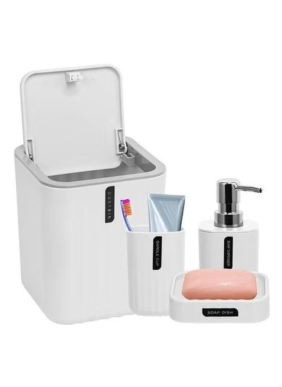 Buy Bathroom Accessory Set - 4 Piece White Bathroom Accessories Set with Trash Can, Soap Dish, Soap Dispenser, Toothbrush Cup, Bathroom Decor Sets Accessories Complete with Desktop Small Trash Can in UAE