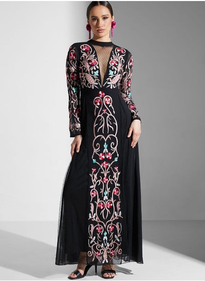 Buy Mesh Detail Printed Dress in UAE