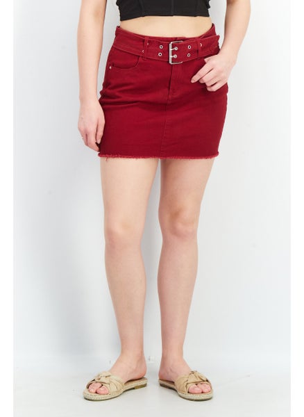 Buy Women Solid Belted Denim Mini Skirt, Maroon in Saudi Arabia