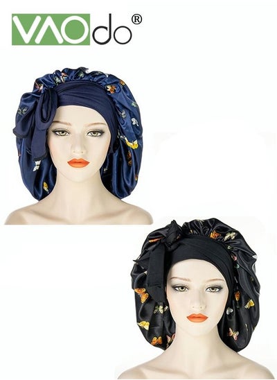 Buy 2PCS Women Shower Cap Large Silk Bonnet Adjustable Elastic with Wide Brimmed Flutter Band Shower Cap for long-haired Thick Hair Black Blue Flower Pattern in UAE