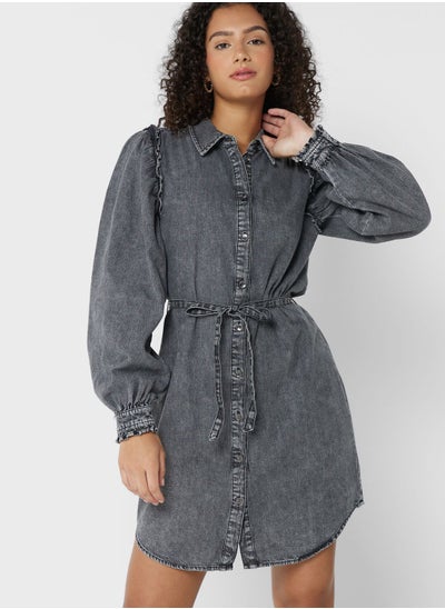 اشتري Puff Sleeve Button Down Denim Dress في الامارات