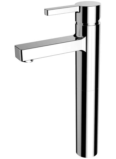 Buy One hole deck mount vanity basin tap, chrome tall basin mixer with one handle, and square water outlet bathroom faucet in UAE