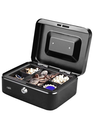 Buy Medium Cash Box Steel Register with Tray and Lock Durable Portable Money Box Safe for Bills Jewelry Receipts Coins (20x16x9cm) Black in UAE