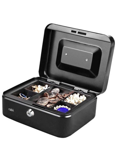 اشتري Medium Cash Box Steel Register with Tray and Lock Durable Portable Money Box Safe for Bills Jewelry Receipts Coins (20x16x9cm) Black في الامارات