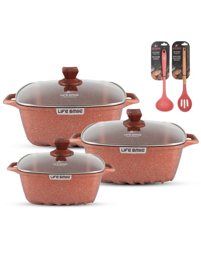 Buy Non Stick Cookware Sets - 8-Piece Square Granite Cookware Set Kitchen Pots and Pans Set Includes 24/28/32/32cm Stock Pots - Healthy 100% PFOA & PFAS Free RED in UAE