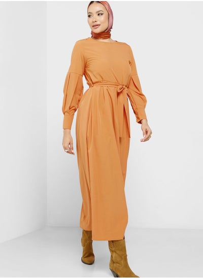 Buy Puff Sleeve Pleat Detail Belted Dress in UAE