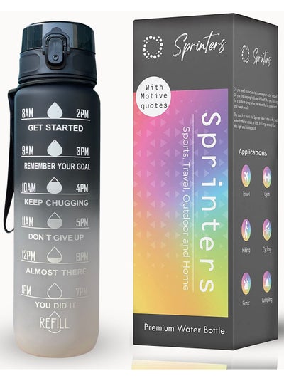 اشتري SPRINTERS - 1 Liters Water Bottle 32Oz BPA Free, Multicolor - Leak Proof With Motivational Quote And Time Marker, Anti Slip For Sport ,Fitness, Gym , Picnic (1 Liter, Black/Gray Gradient) في الامارات