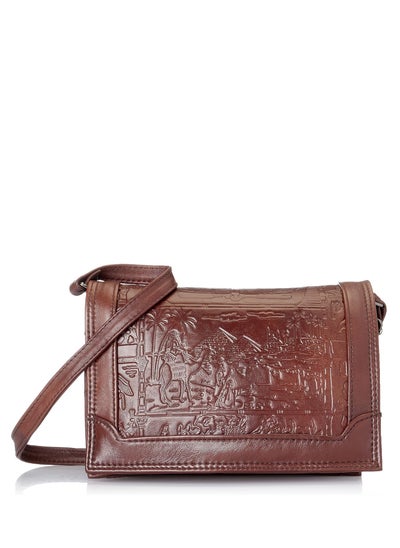 اشتري Leather flap bag with pharaonic pattern for women - brown في مصر