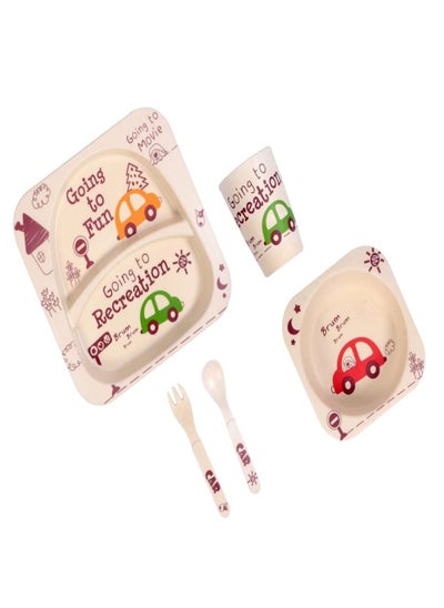 اشتري Brain Giggles 5Pcs/Set Bamboo Kids Dinnerware Set Eco Friendly Toddler Plates BPA Free Food Plate Bowl Cup Spoon Fork Set Dishware Sets (Car Tableware) في الامارات