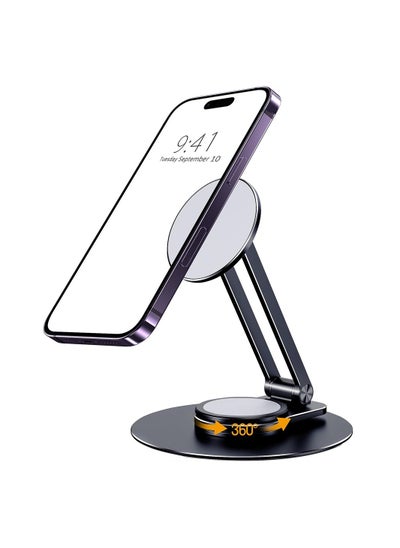 Buy Magnetic Desk Phone Stand for iPhone, Adjustable Foldable Aluminum Stand, 360°Rotation Cell Compatible with iPhone 15 14 13 12 Pro, Pro Max, Plus, Mini in UAE