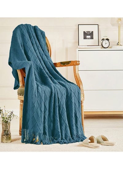 Buy Soft Cozy Knit Blanket with Tassels for Couch and Bed Blue in UAE