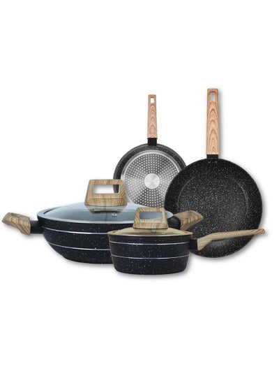 Buy Auroware 5 Piece Non Stick Cookware Set Wooden Finish Handle Forged Aluminium Frying pan Wok pan with Lid Saucepan with Lid in UAE