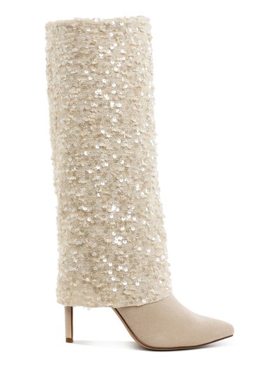 Buy Sequinned Fold-Over Calf Boots in Beige in UAE