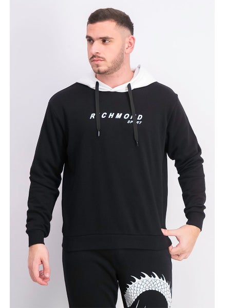 Buy Men Hooded Long Sleeves Printed Sweatshirt, Black in UAE