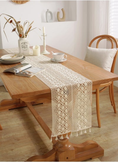 Buy 1-Piece Vintage with Hollow Out Tassel Crochet Tablecloth Suitable for Dining/Coffee Tables and Side Cabinets Cotton Material Beige 30 x 180 Centimeter in UAE