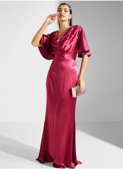 Buy Cowl Neck Flared Sleeve Satin Dress in Saudi Arabia