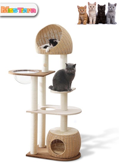 Buy Modern Cat Tree Tower for Indoor Cats  Solid Oak Cat Scratching Tree for Multiple Large Cats Manual Hand Woven Luxury Cat Condo, Unique High-end Design Cat Furniture Activity Centre, Easy Clean in UAE