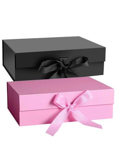 Buy [2 PCS] Black and Pink Gift Box Magnetic Closure Large Gift Box with Ribbon Foldable With Lid Gift Boxes for Women Wedding Gifts Festival Birthday Wedding Gifts Packaging 32x20x10cm in UAE