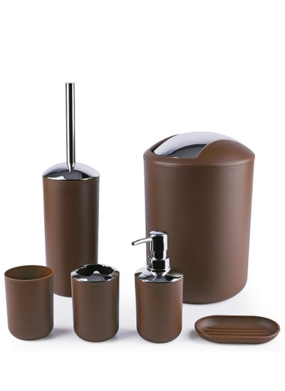 Buy Bathroom Accessory Set 6 Piece Plastic Gift Bathroom Set Includes Storage Bucket Pail Toilet Brush Toothbrush Holder Soap Dispenser Soap Dish Soap Lotion Set Cup Brown in UAE