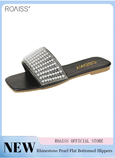 Buy Pu Open Toe Flat Slippers Pearl Rhinestone Decorative Upper Classic Square Toe Outer Slippers in Saudi Arabia