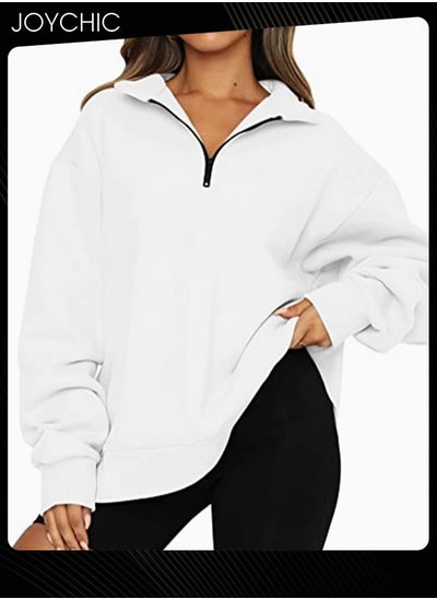 Buy Women Autumn and Winter Warm Long Sleeve Half Zipped Cropped Pullover Solid Pattern Fleece Outdoor Windproof Hoodies White in Saudi Arabia