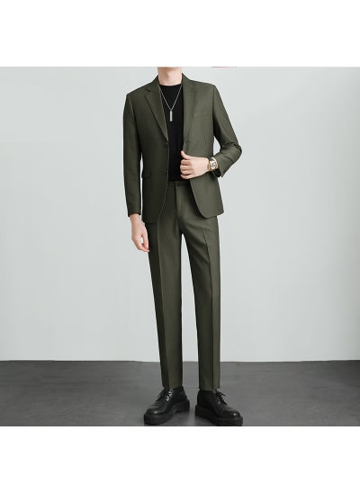 Buy High-end Suit for Boys Light Mature Korean Style Casual Slim-fit Coat Spring and Autumn Fashionable Single Top for Working Youth Gray Green [Set]] in Saudi Arabia