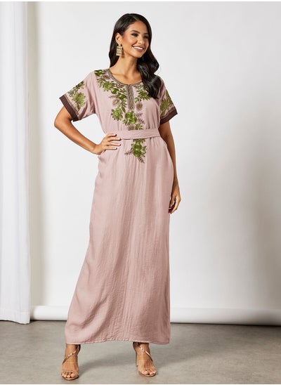 Buy Jalabiya With Floral Embroidery In Short Sleeves With Belt in Saudi Arabia