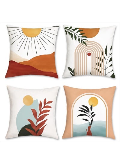 اشتري Abstract Boho Throw Pillow Covers 18x18 Set of 4 Modern Minimalism Sun Arch Leaves Pillows Case Soft Velvet Cushion Covers for Couch Sofa Home Decor في الامارات