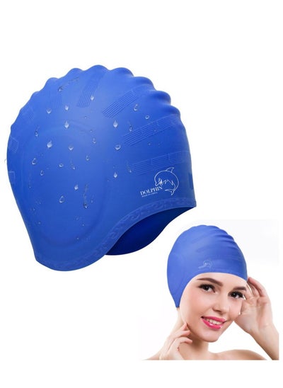 Buy Silicone Swim Cap With Ear Protection 3D Waterproof For Adult, Blue in Egypt