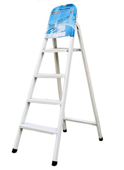 Buy Robustline Steel Ladder 4 Steps Foldable Step Ladder with Handgrip and Non-Slip Treads, 150 kgs Weight Capacity- White in UAE