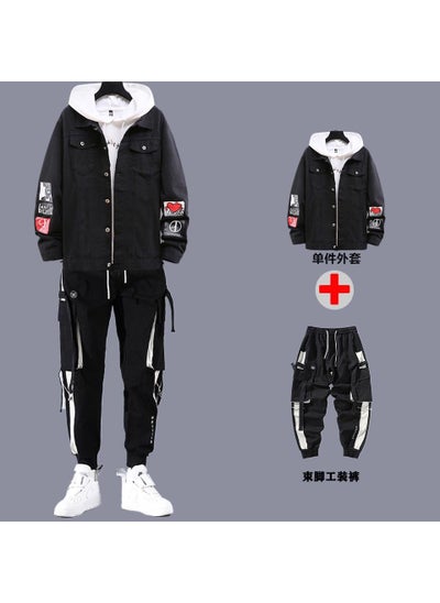 اشتري Mens Casual Denim Jacket  Pants Set Spring 8 black + overalls في الامارات