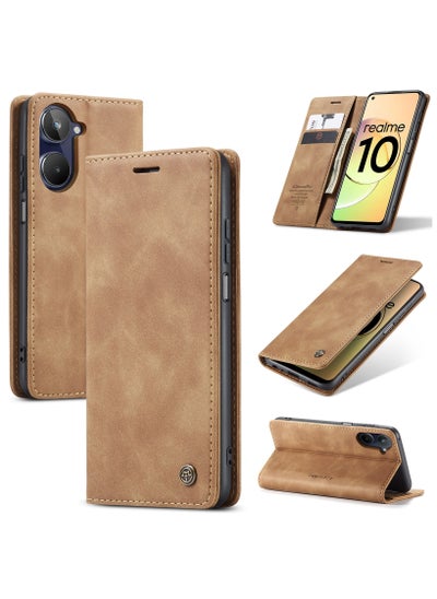 Buy CaseMe Realme 10 4G Wallet Case Book Folding Flip Folio Case with Magnetic Kickstand Card Slots Protective Cover - Brown in Egypt