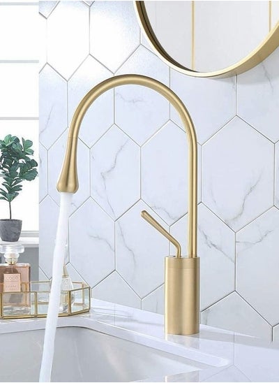 Buy High Arc Single Handle 1-Hole Bathroom Vessel Sink Faucet Solid Brass Lavatory Vanity Sink Faucet, Brushed Gold in UAE