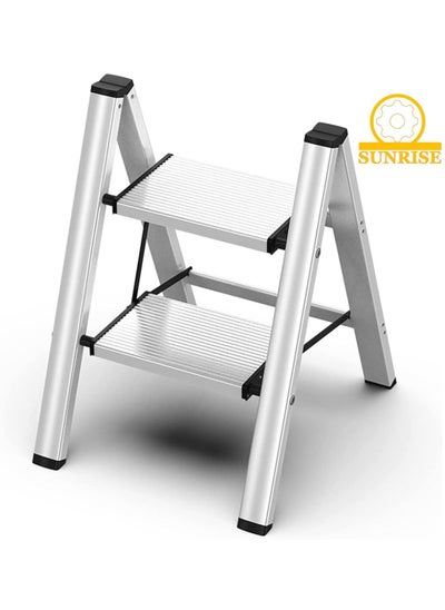 Buy 2 Steps Ladder Aluminum Folding Step Stool With Anti Slip Sturdy And Wide Pedal Light weight Portable Multi Use Stepladder For Home And Kitchen Use Space Saving in UAE